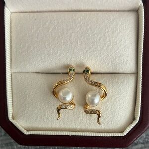 Elegant Gold and Pearl Snake Earrings